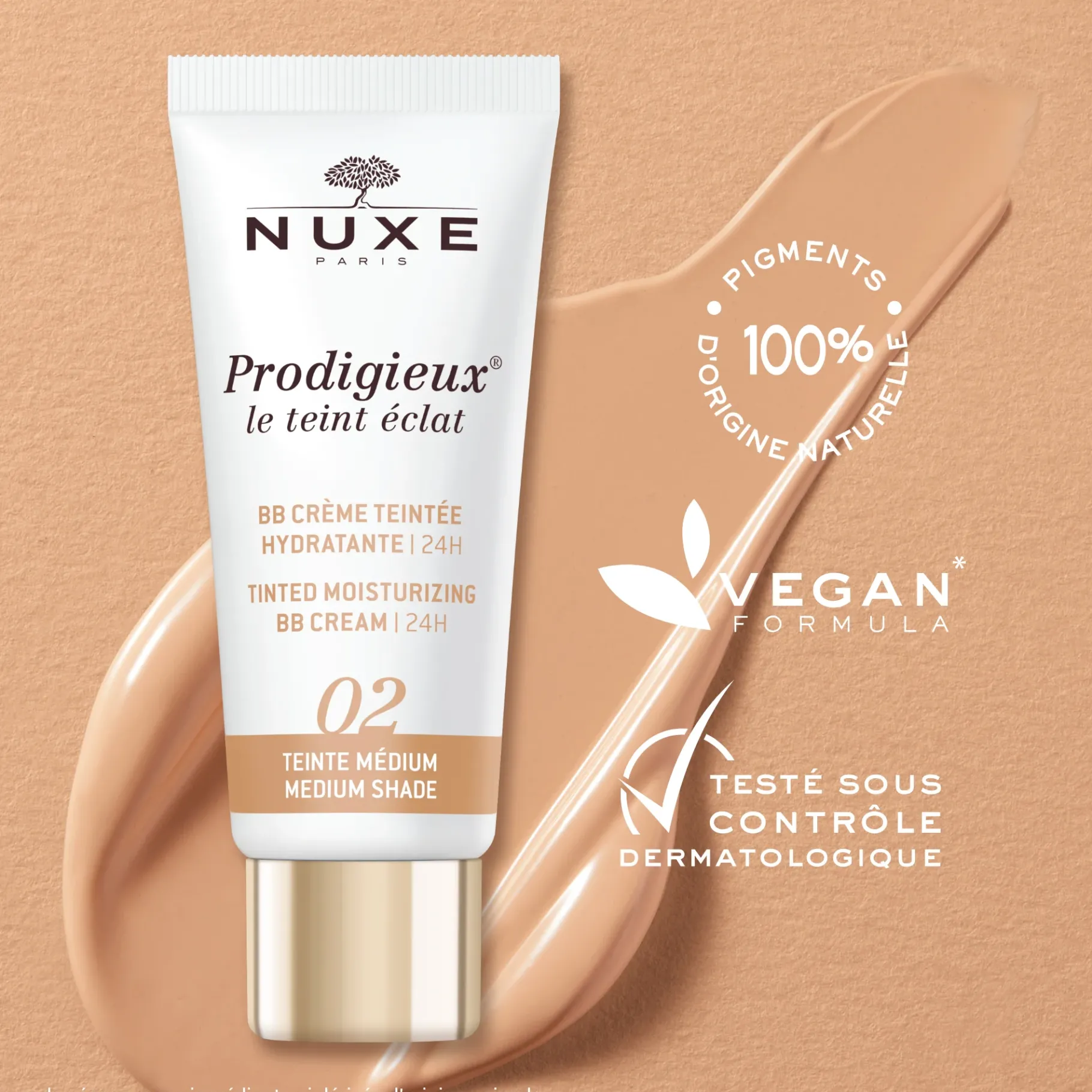 Huiles 100% Végétales|Teint Unifié & Pores Resserreés|NUXE BB Crème Teintée Hydratante - Teinte Medium